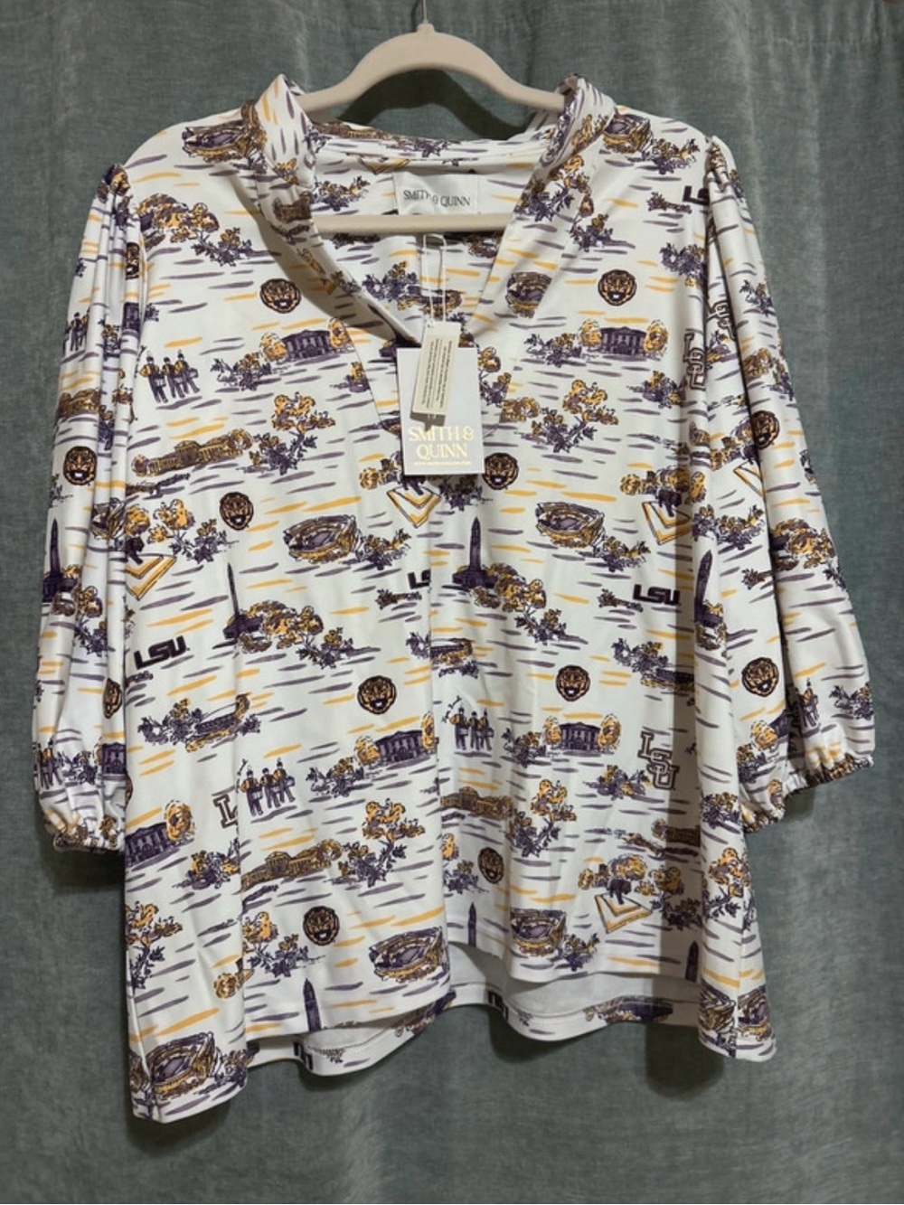 LSU Printed V-Neck Women’s Top in White with Purple & Gold